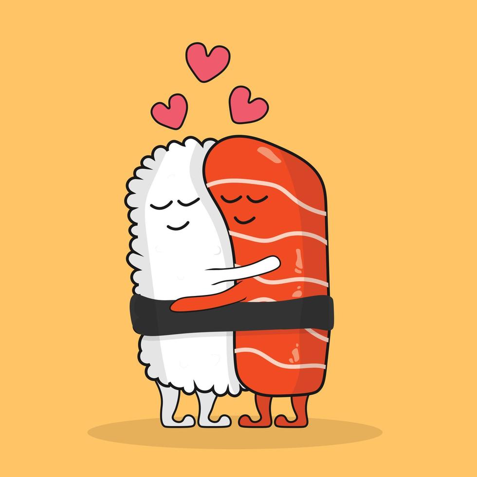 mignon sushi saumon couple câlin dessin animé vecteur icône illustration. concept d'icône d'amour alimentaire isolé vecteur premium. style de dessin animé plat