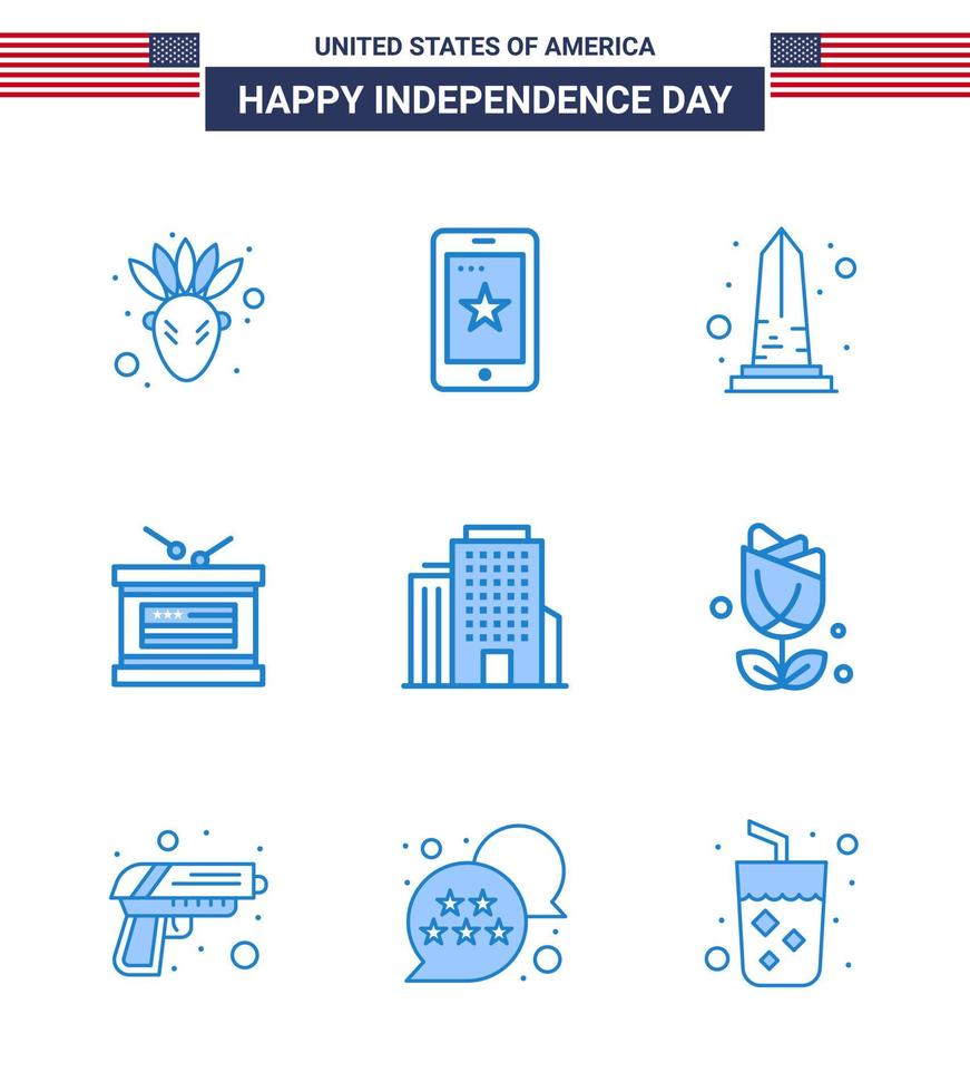 groupe de 9 blues pour le jour de l'indépendance des états-unis d'amérique tels que le monument de la fête de l'indépendance du bureau independece drum modifiable usa day vector design elements