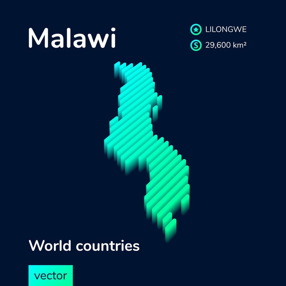 carte malawi 3d. la carte isométrique vectorielle rayée stylisée du malawi est en vert néon et couleurs menthe vecteur