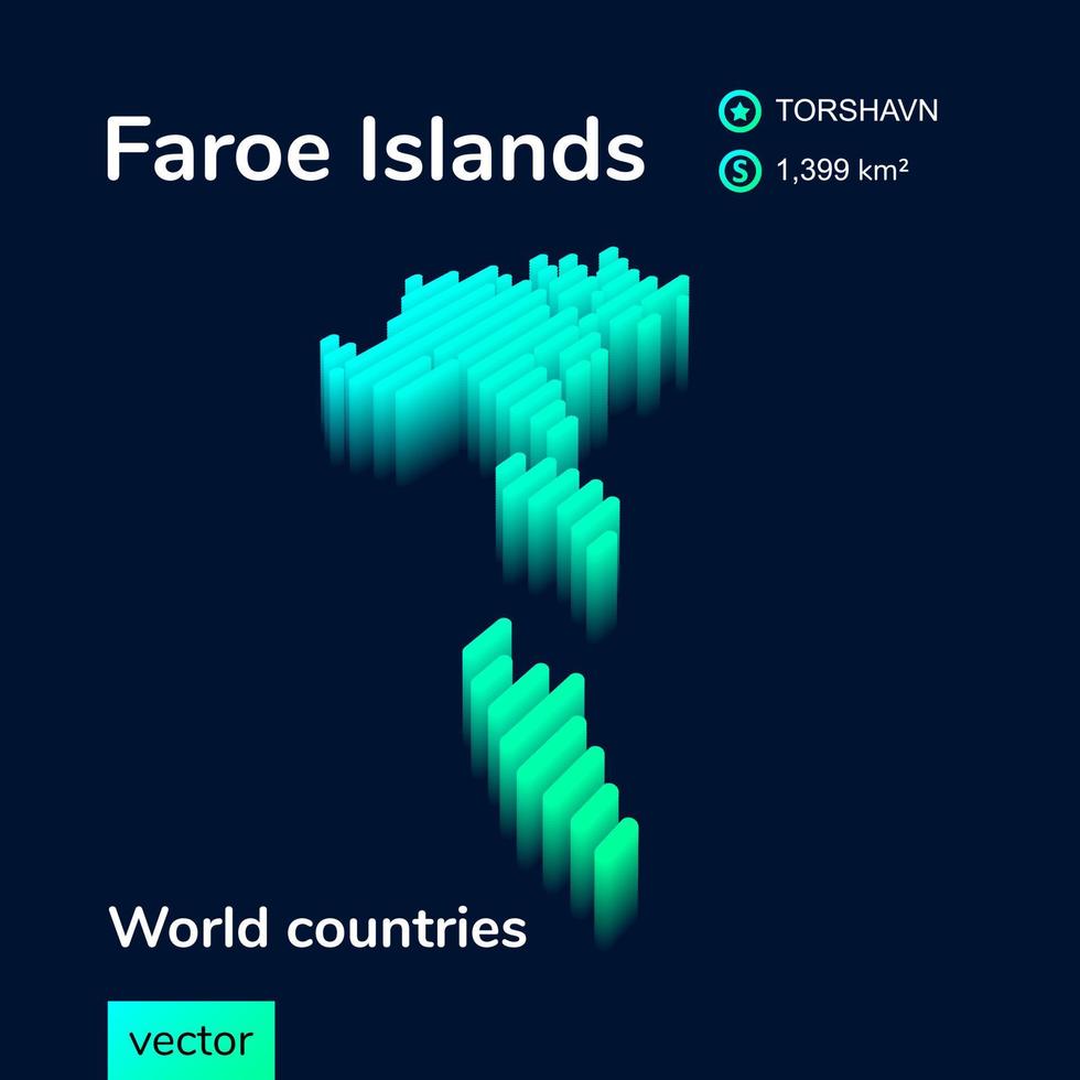 carte isométrique vectorielle rayée stylisée des îles féroé avec effet 3d. la carte des îles féroé est en vert néon et couleurs menthe sur fond bleu foncé vecteur