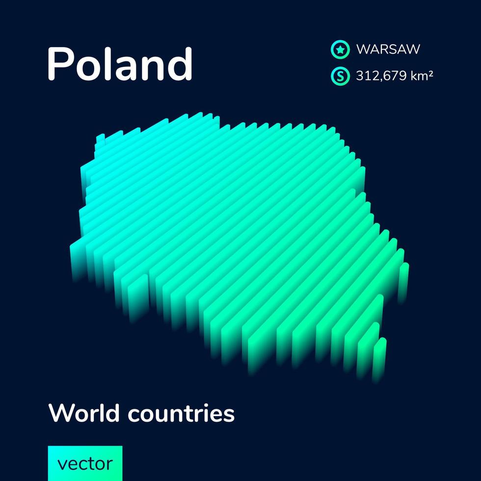 carte 3d de la pologne. carte vectorielle rayée isométrique néon stylisée dans des couleurs turquoise et menthe vecteur