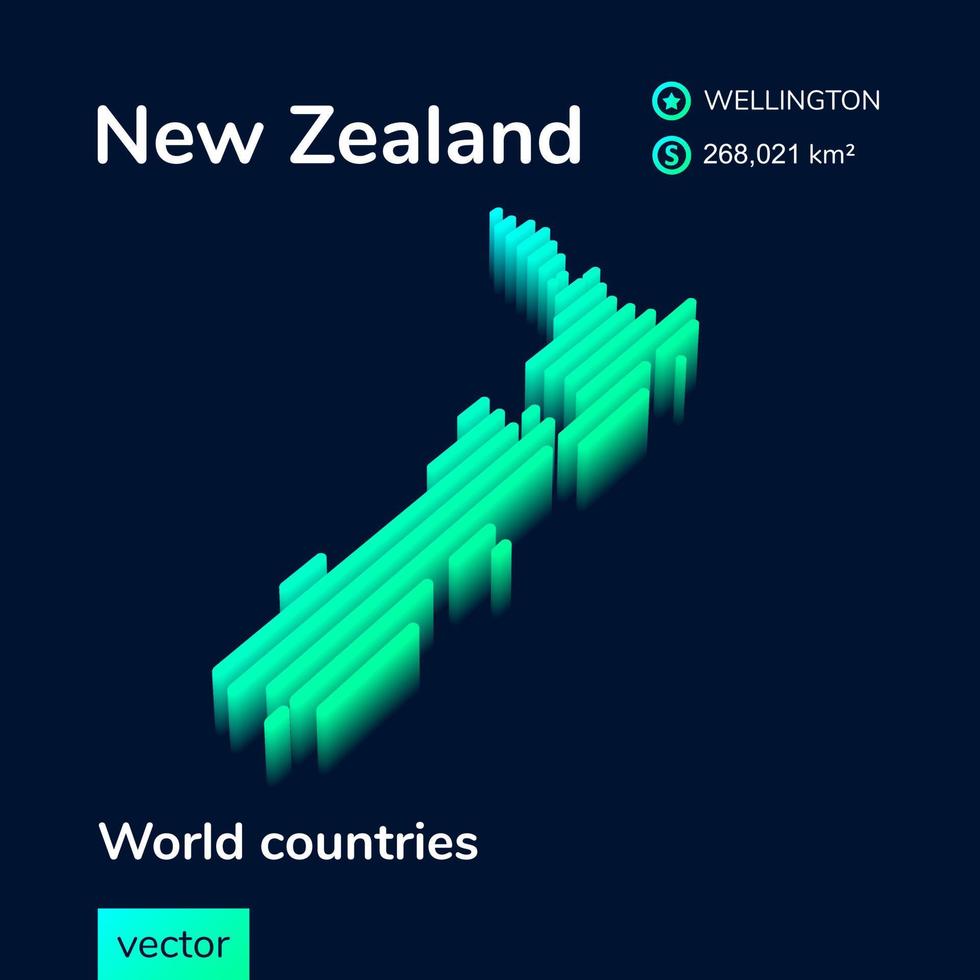 carte 3d de la nouvelle-zélande. carte vectorielle à rayures isométriques numériques simples au néon stylisé dans des couleurs turquoises vecteur