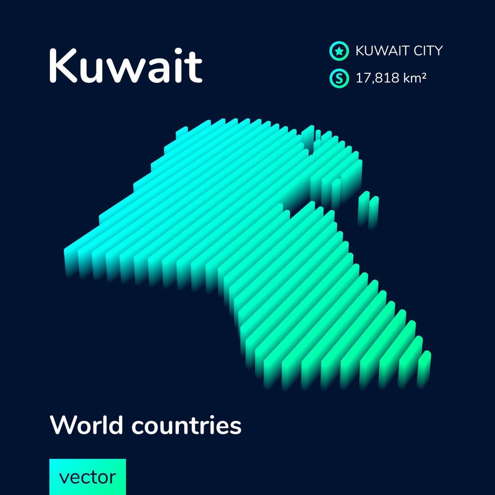 carte 3d du koweït. la carte vectorielle à rayures isométriques numériques simples au néon stylisé du koweït est en vert, turquoise et menthe sur fond bleu foncé vecteur