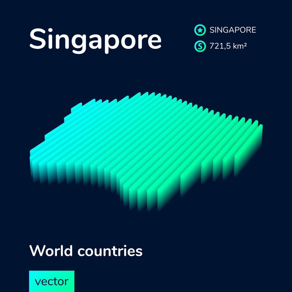carte 3d de singapour. carte isométrique stylisée au néon de singapour en couleurs vertes sur fond bleu foncé vecteur