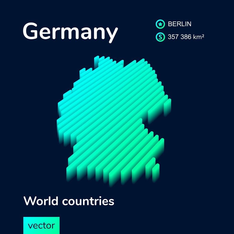 Carte 3D de l'Allemagne. la carte allemagne vecteur isométrique néon rayé stylisé est en vert et menthe sur fond bleu foncé