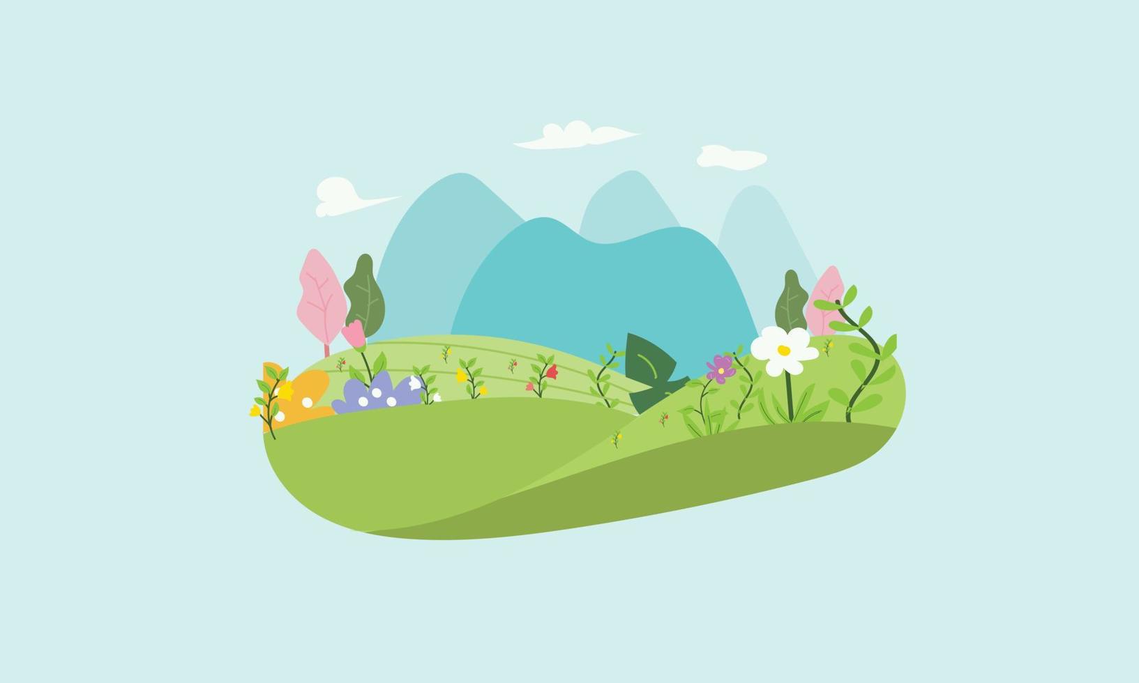 illustration vectorielle d'un paysage de champs verts avec des montagnes et plein de fleurs épanouies. vecteur