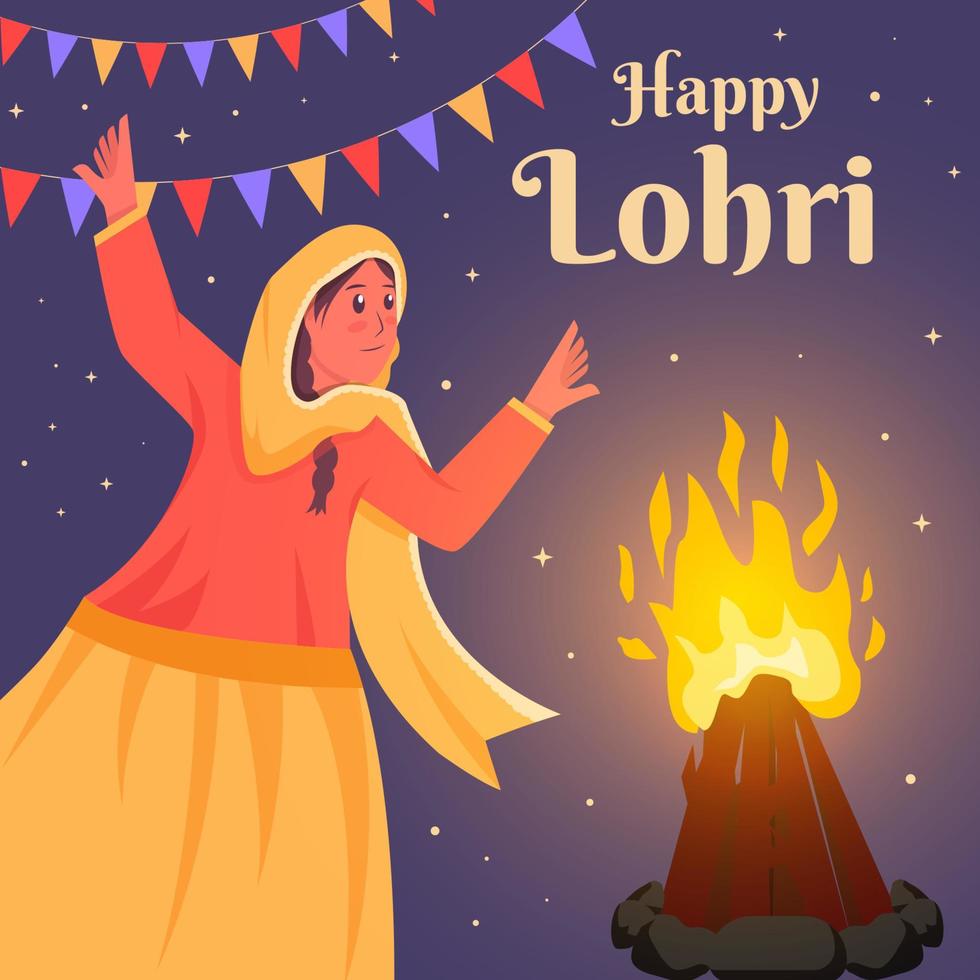 illustration de lohri heureux plat avec des femmes dansant et feu de joie vecteur