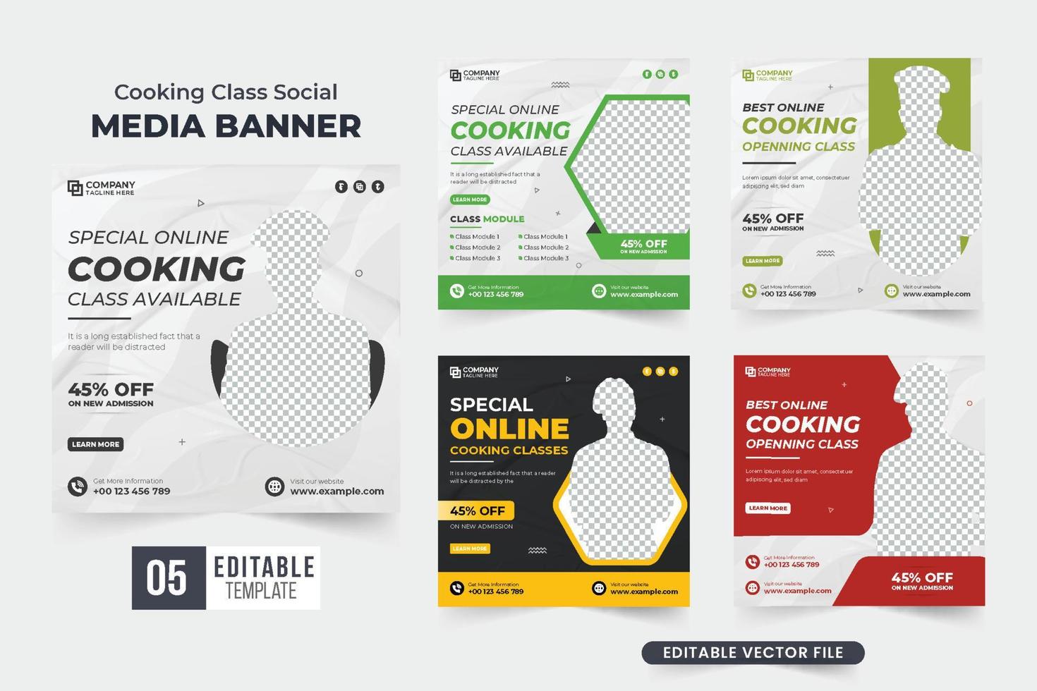 groupe de publications sur les médias sociaux de la classe de formation de chef pour le restaurant. conception de collection d'affiches promotionnelles de cours de cuisine pour le marketing. modèle de remise de cours de cuisine avec des couleurs sombres et jaunes. vecteur