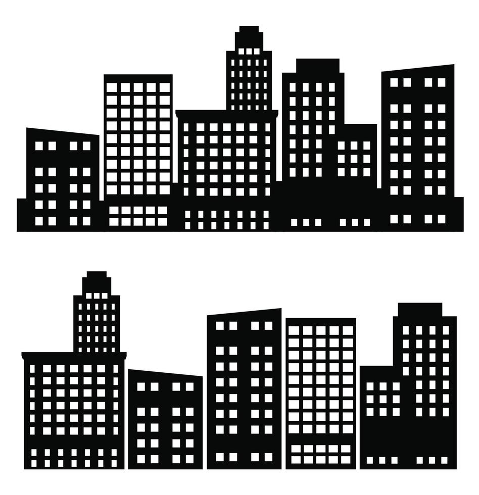 un gratte-ciel noir plat et une silhouette de bâtiment de faible hauteur ensemble d'illustrations vectorielles de bâtiments de la ville en silhouettes sous diverses constructions sont utilisés sur un fond blanc vecteur