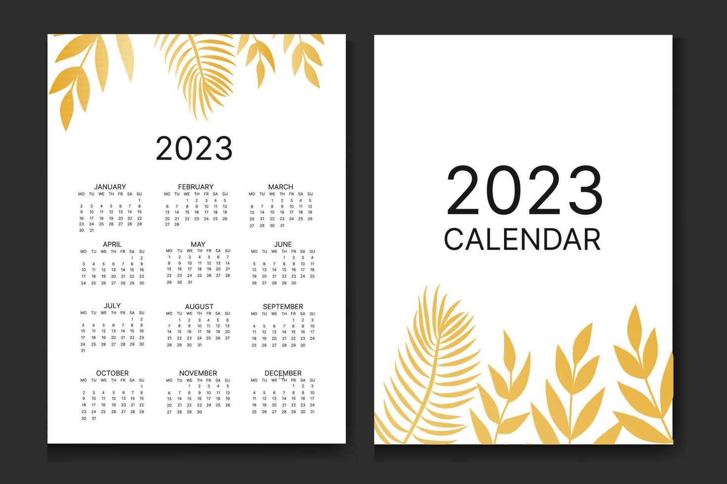 calendrier mensuel classique pour 2023. calendrier avec feuilles de palmier, couleur blanc et or. vecteur