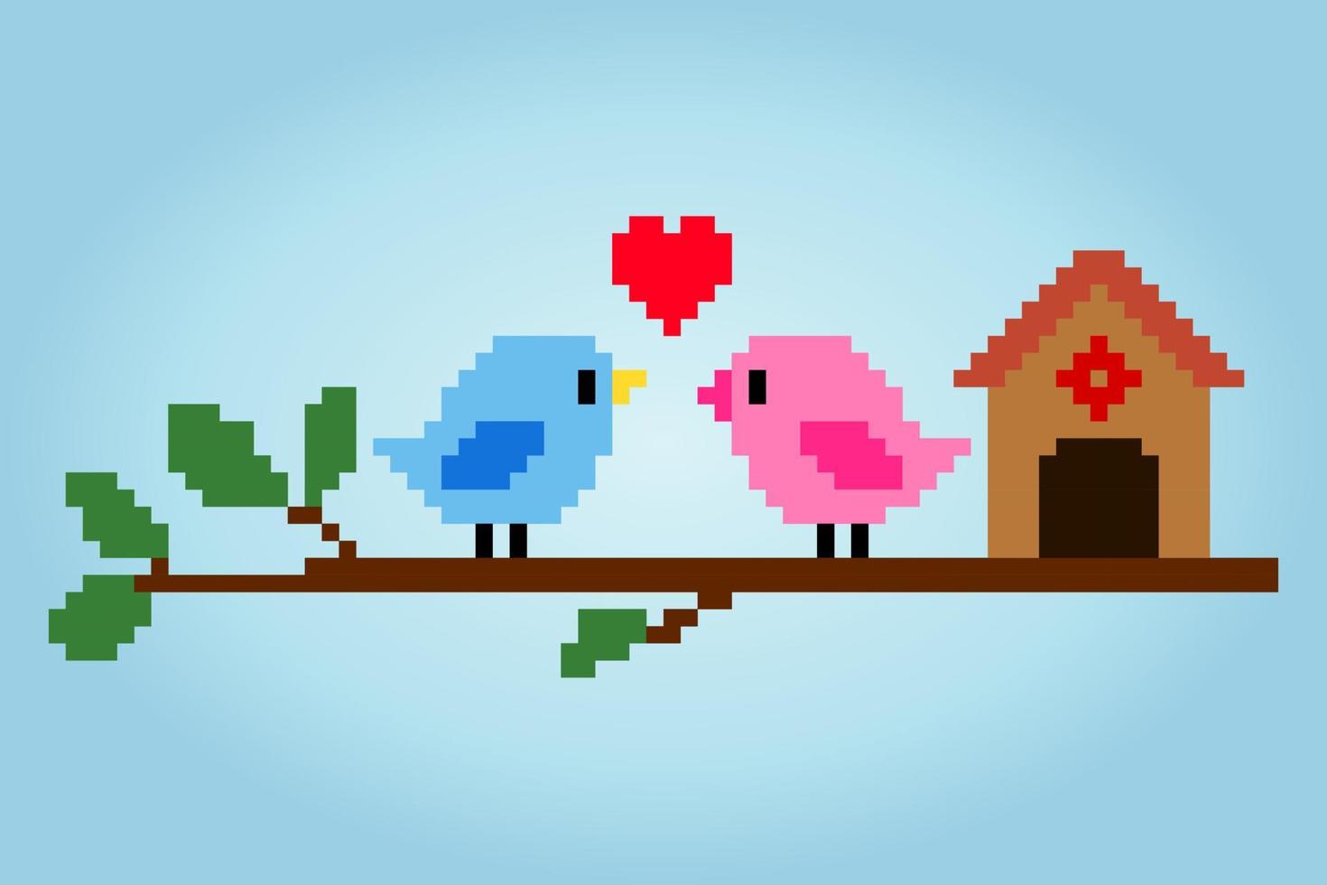 8 bits pixels une paire d'oiseaux. animaux pour les actifs de jeu et les motifs de point de croix dans les illustrations vectorielles. vecteur