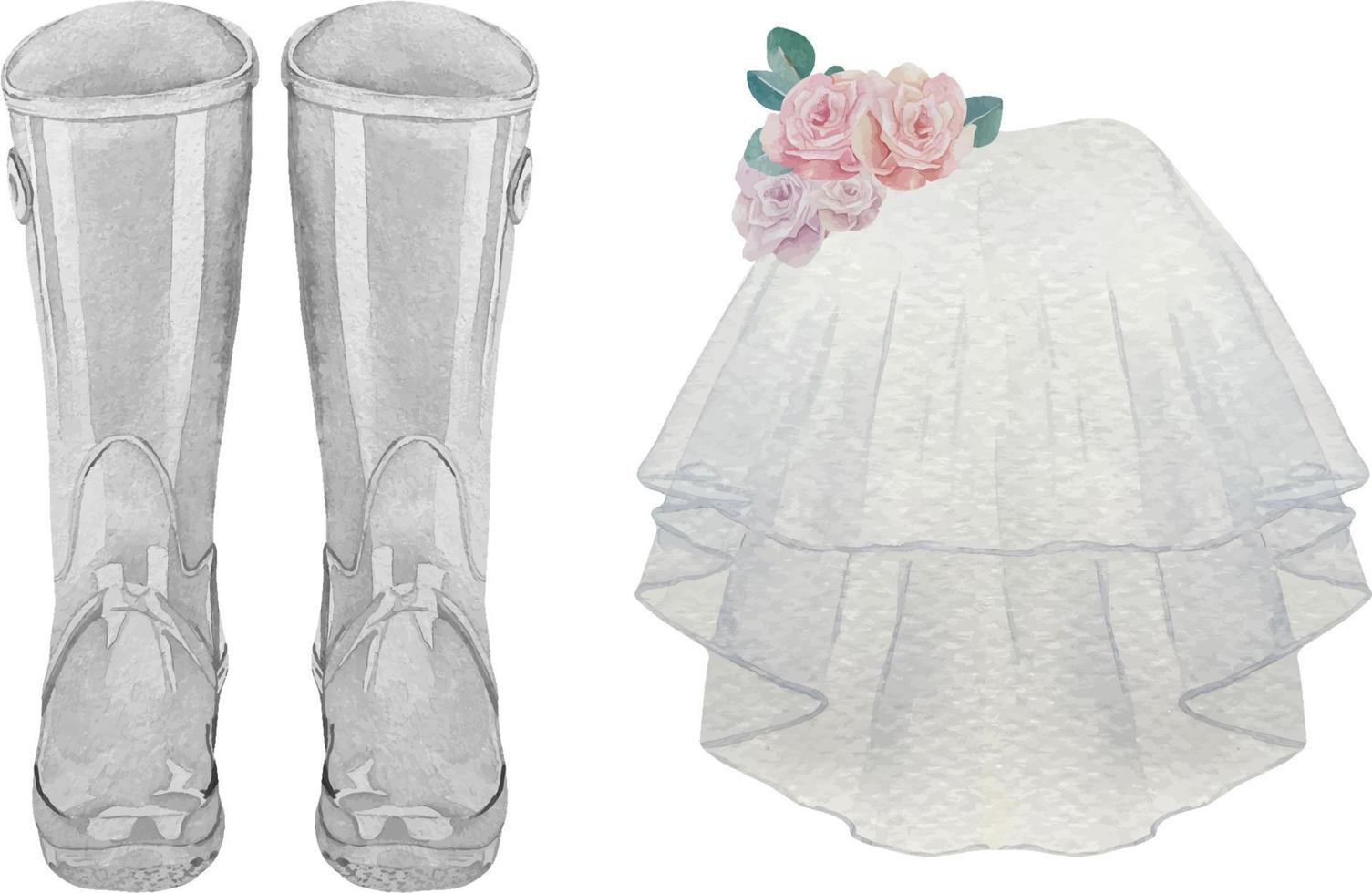 ensemble d'accessoires de mariage aquarelle mariée et marié bottes wellies, voile avec composition de fleurs à la boutonnière vecteur