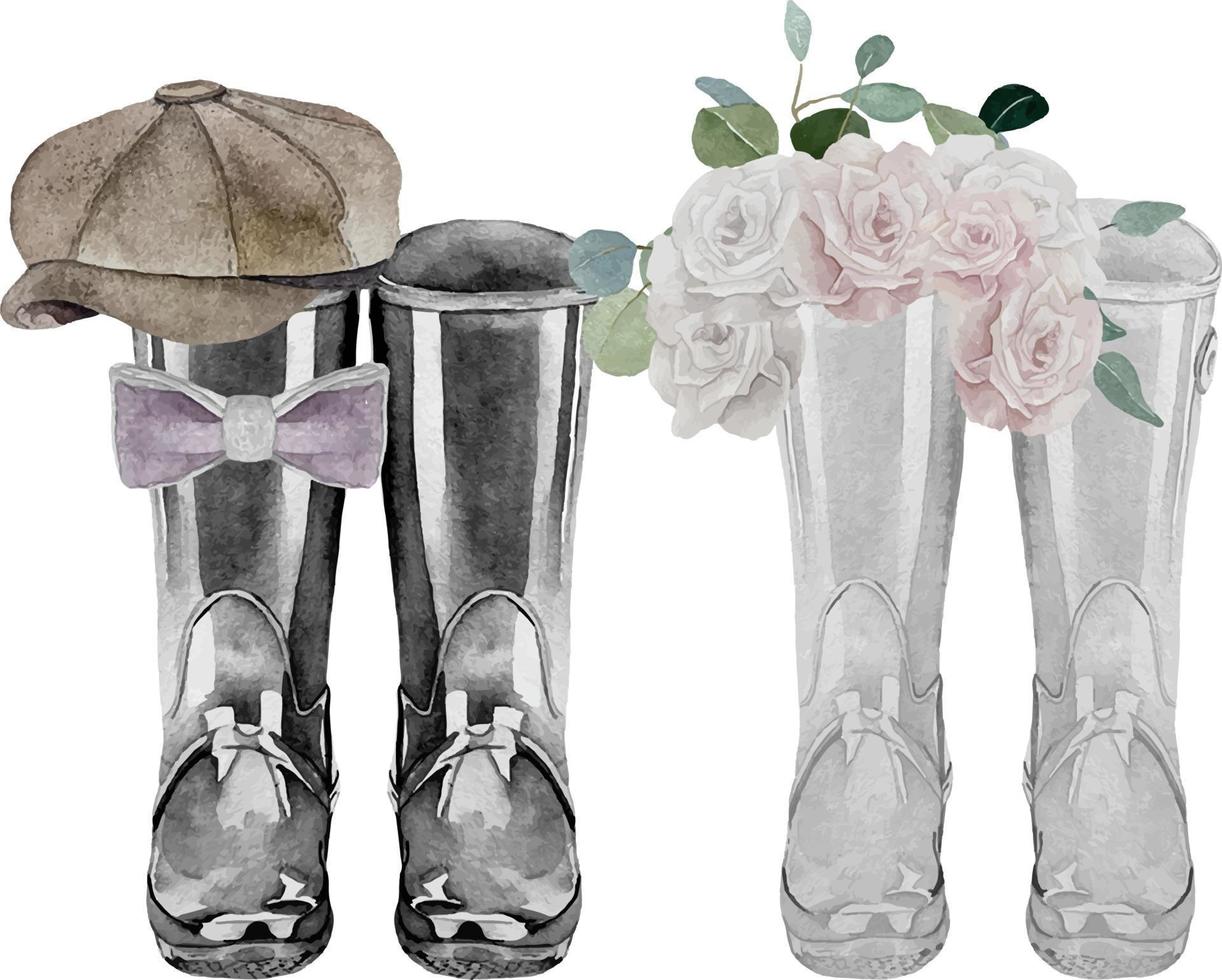 composition de mariage aquarelle avec botte wellies de la mariée et du marié vecteur