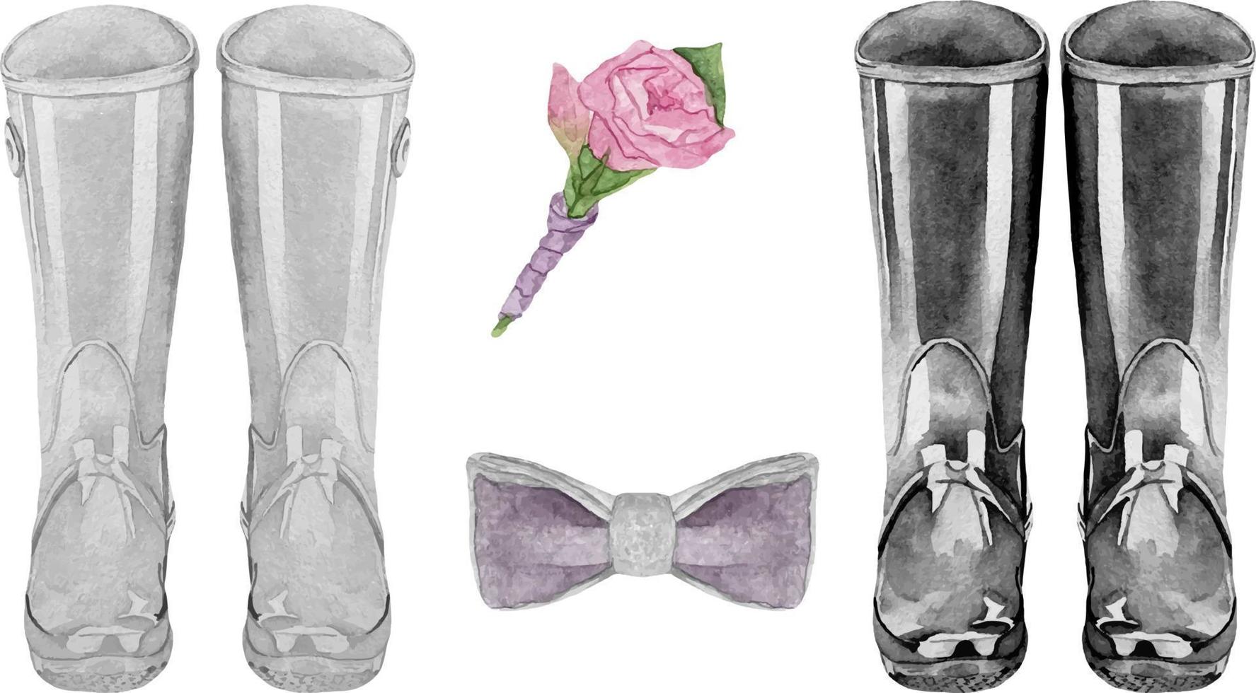 ensemble d'accessoires de mariage aquarelle mariée et marié wellies b vecteur