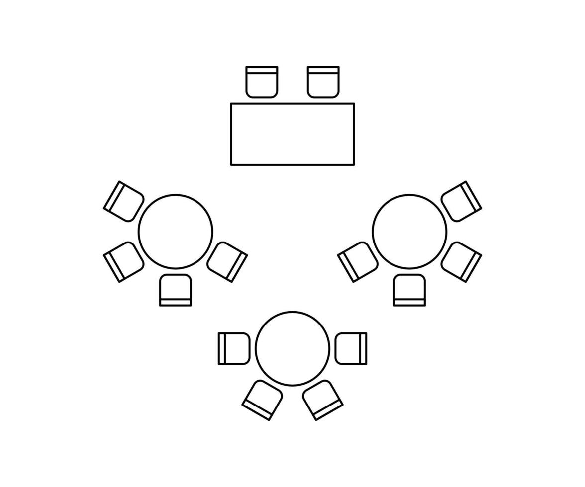 plan d'aménagement des sièges et des tables à l'intérieur lors d'un mariage de banquet d'événement, éléments de contour graphique de mise en page. chaises et tables signes dans le plan architectural du schéma. meubles, vue de dessus. ligne vectorielle vecteur