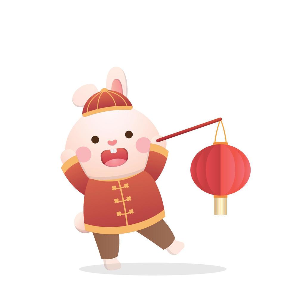 personnage ou mascotte de lapin mignon avec lanterne rouge, nouvel an chinois ou fête des lanternes ou solstice d'hiver, fête traditionnelle et culture en asie vecteur