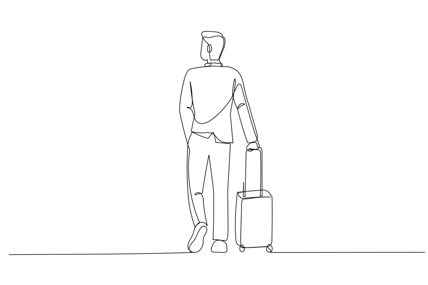 dessin animé d'homme d'affaires en costume faisant glisser le sac de bagages de valise dans l'aéroport. style d'art d'une ligne vecteur