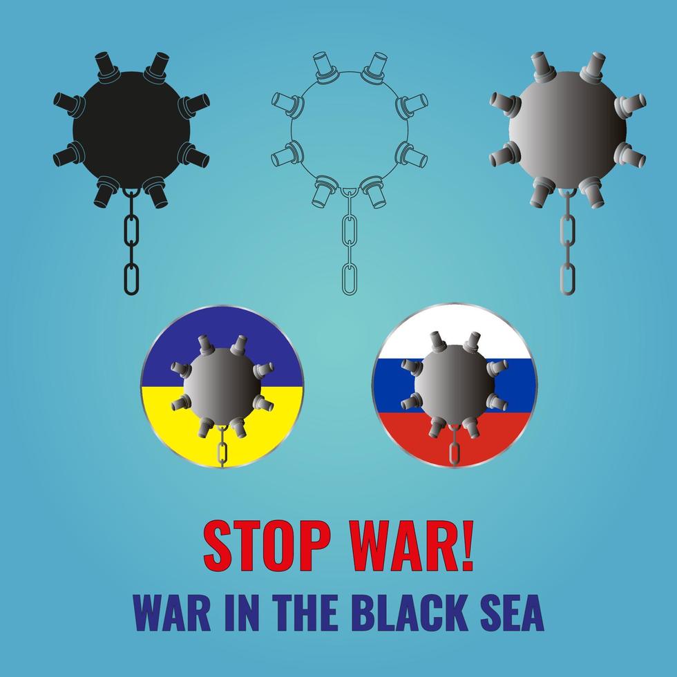 ensemble de mines marines. deux mines sur le drapeau de la russie et de l'ukraine. le lettrage arrête la guerre de guerre dans la mer noire. illustration vectorielle vecteur