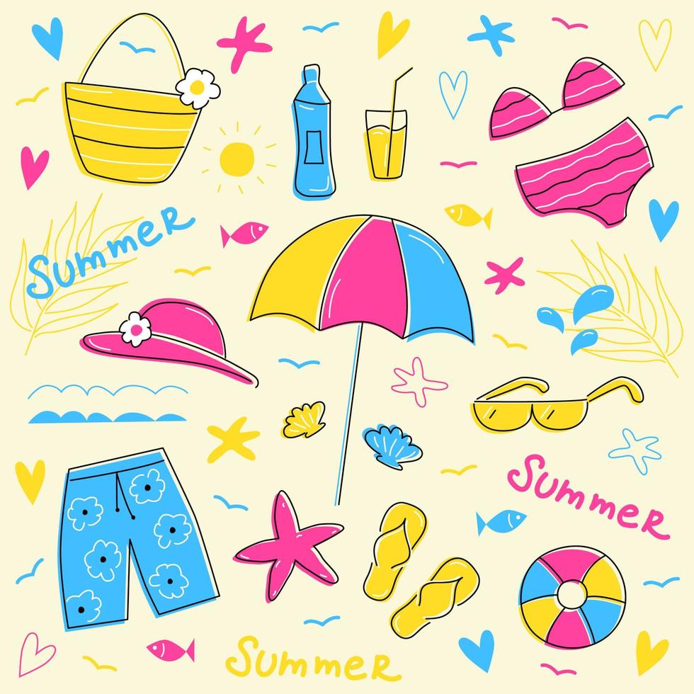 ensemble d'éléments de plage de mer. illustration vectorielle colorée des icônes d'été de contour pour les vacances. vecteur