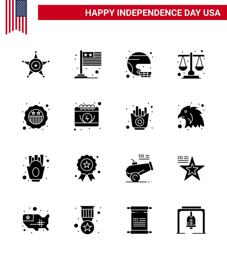 joyeux jour de l'indépendance 4 juillet ensemble de 16 glyphes solides pictogramme américain d'échelle justice état de la cour américaine modifiable éléments de conception vectoriels usa day vecteur