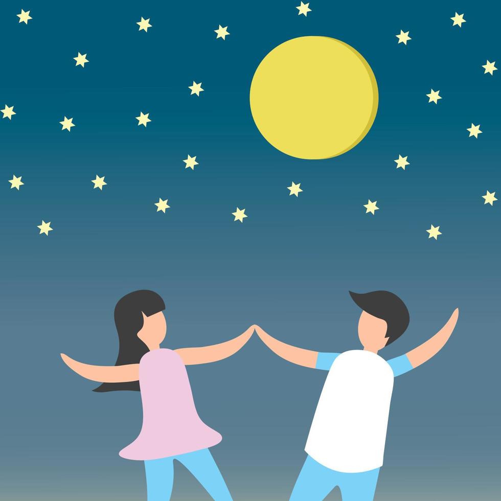 joyeux couple charmant danser et regarder le ciel étoile lune ensemble la nuit avec le concept de coeur d'amour décoration de bannière de la saint-valentin. vecteur