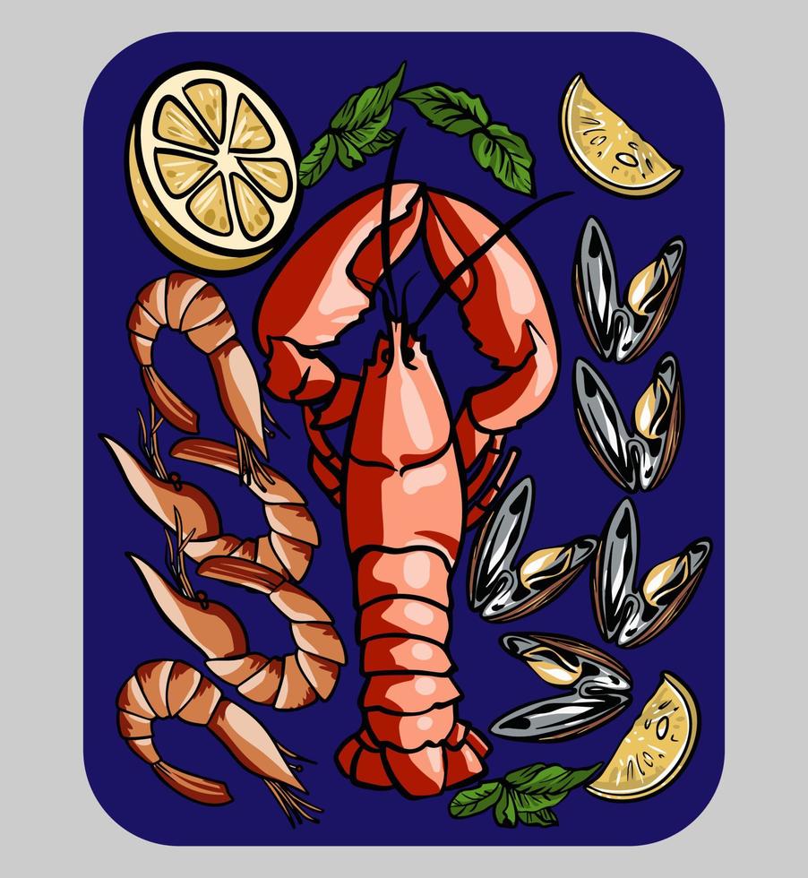 ensemble de fruits de mer de vecteur. collection de croquis de fruits de mer dessinés à la main - poisson frais, homard, crabe, huître, moule, calmar et épices. vecteur