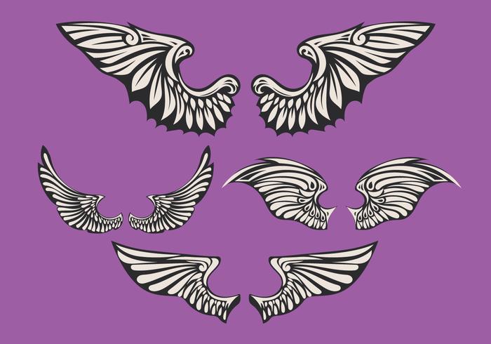 Ensemble d'ailes blanches avec fond violet vecteur