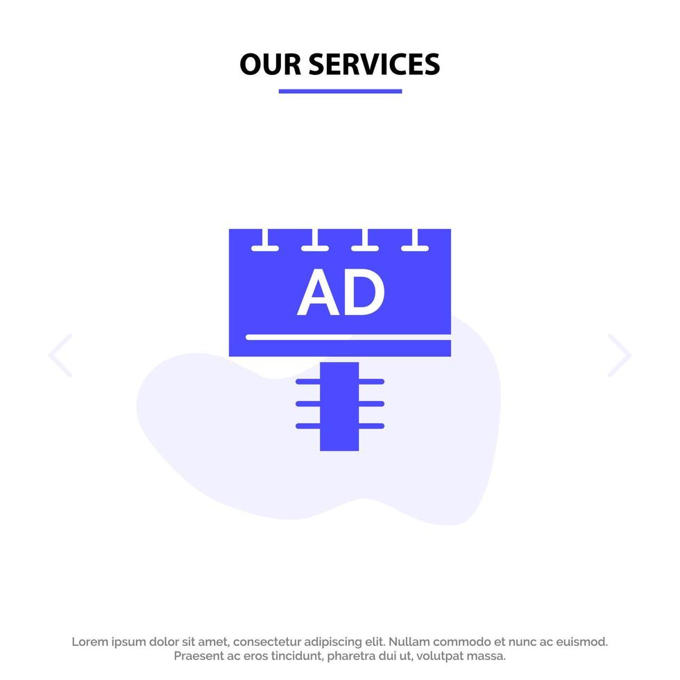 nos services ad board enseigne publicitaire icône de glyphe solide modèle de carte web vecteur