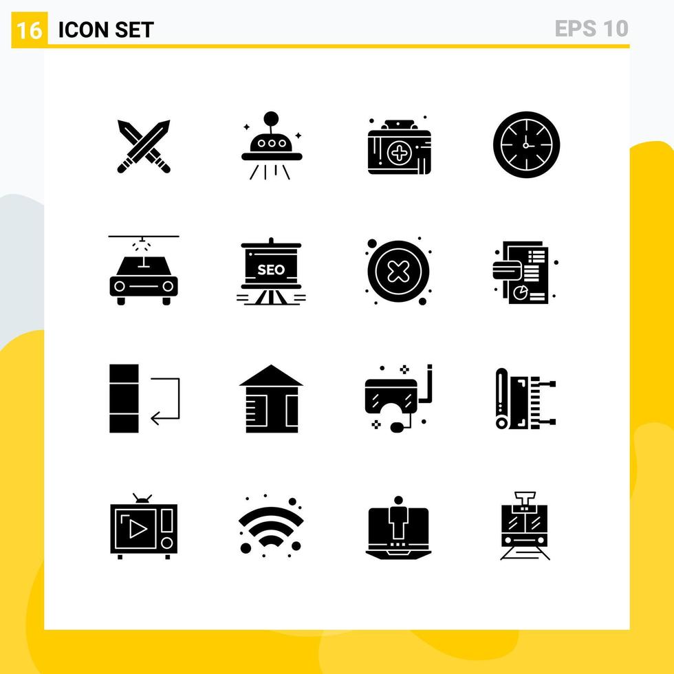 ensemble de 16 glyphes solides vectoriels sur la grille pour la présentation des éléments de conception vectoriels modifiables de la minuterie mondiale de soins de santé de voiture vecteur