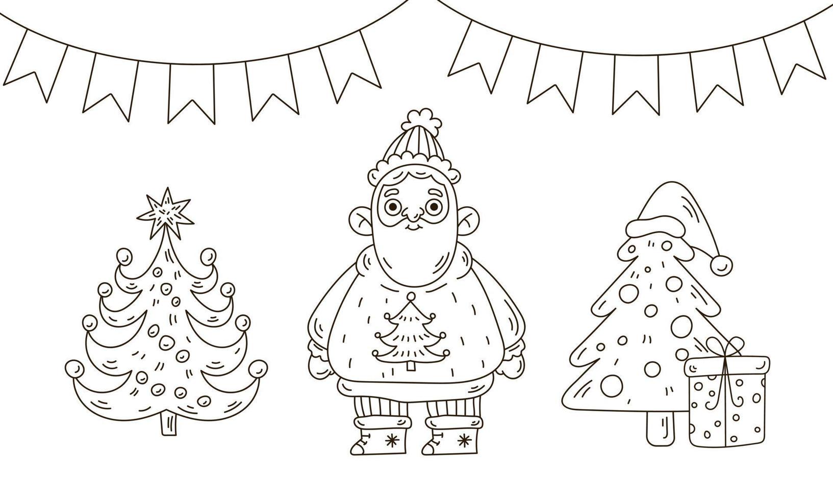 jolie page de coloriage de noël avec le père noël, l'arbre de noël et la guirlande dans un style doodle vecteur