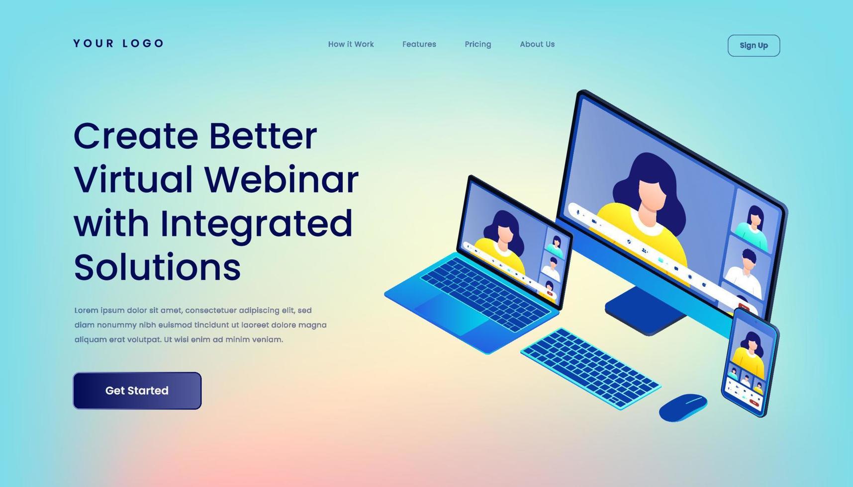 créer un meilleur webinaire virtuel avec un modèle de page de destination de solutions intégrées avec fond dégradé et illustration vectorielle 3d isométrique interface utilisateur web de bureau mobile réactive vecteur