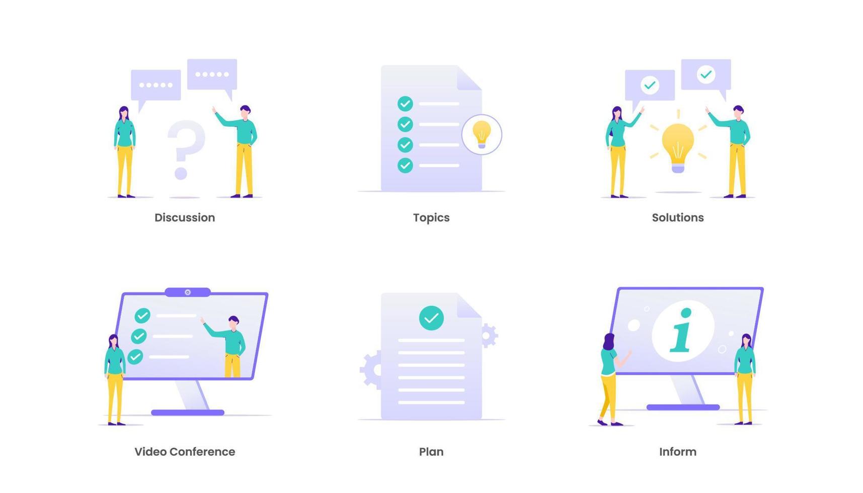 icône web de concept d'illustration vectorielle de réunion. bannière avec icônes et mots-clés. concept d'entreprise, de gestion et de stratégie d'entreprise d'amélioration continue. vecteur