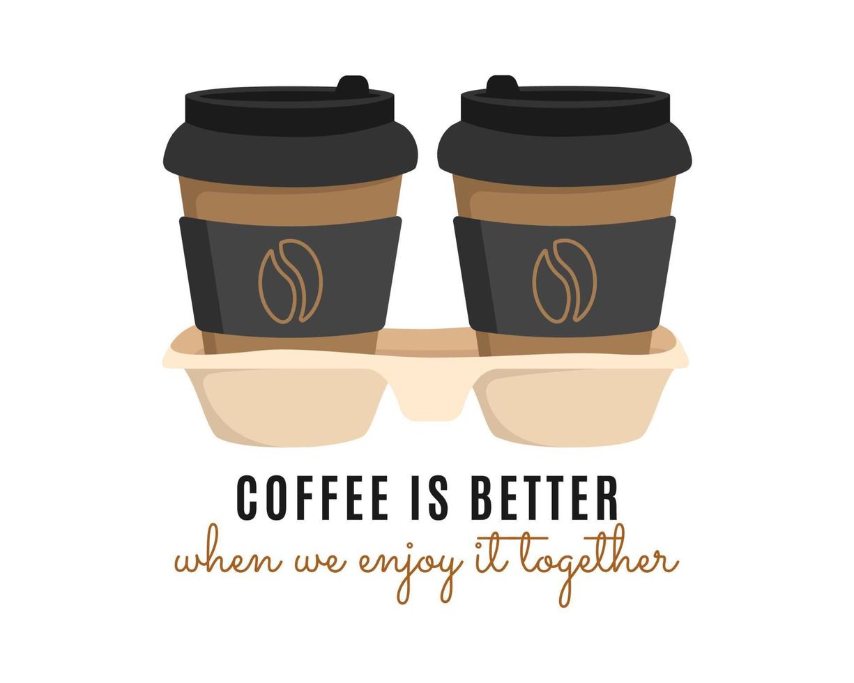 café à emporter, café pour deux. illustration de gobelets en papier café avec une inscription sur un fond blanc. illustration vectorielle. vecteur