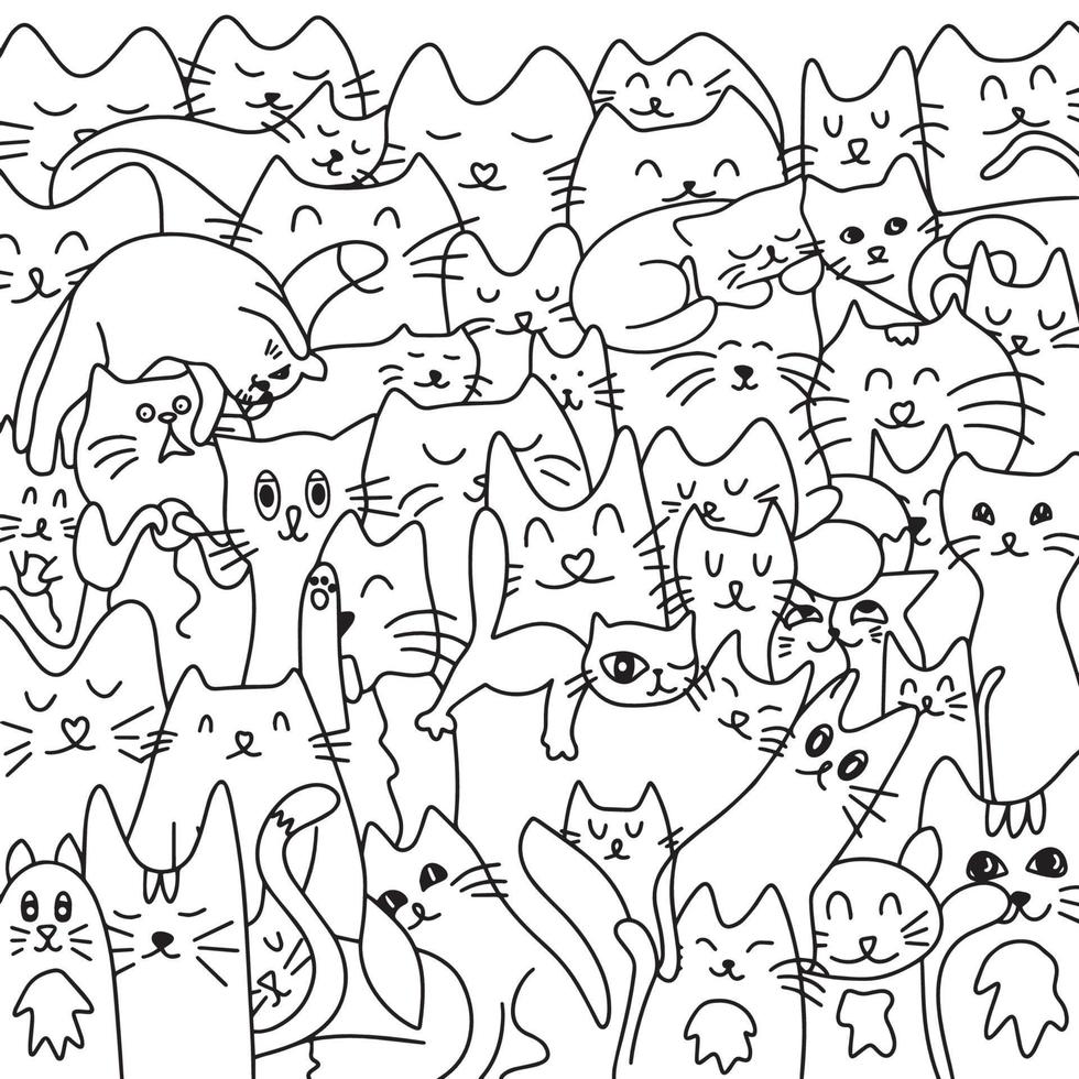 beaucoup de chats mignons. fond de chats. coloration. illustration vectorielle. ensemble de vecteurs de doodle de chats mignons et drôles. collection de dessins de personnages de chat ou de chaton de dessin animé avec une couleur plate dans différentes poses vecteur