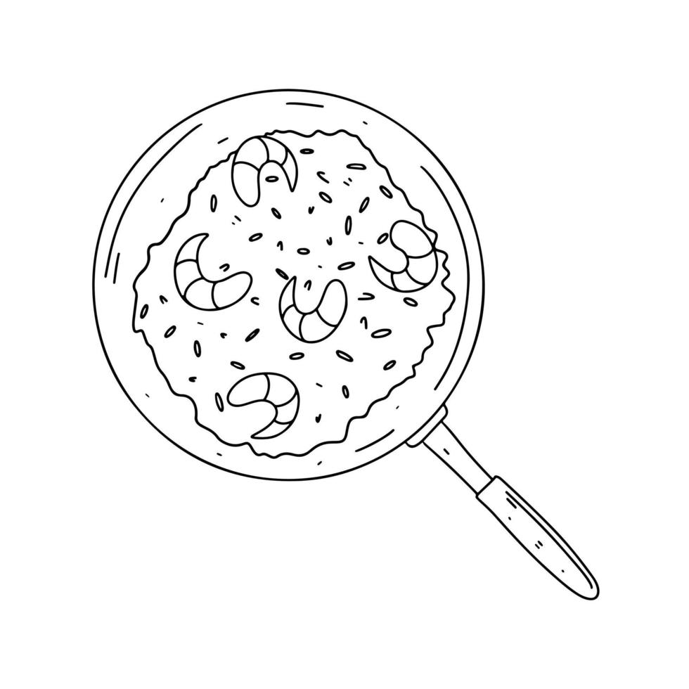 riz frit aux crevettes dans une poêle à frire dans un style doodle dessiné à la main. cuisine traditionnelle asiatique. illustration vectorielle mignonne. vecteur