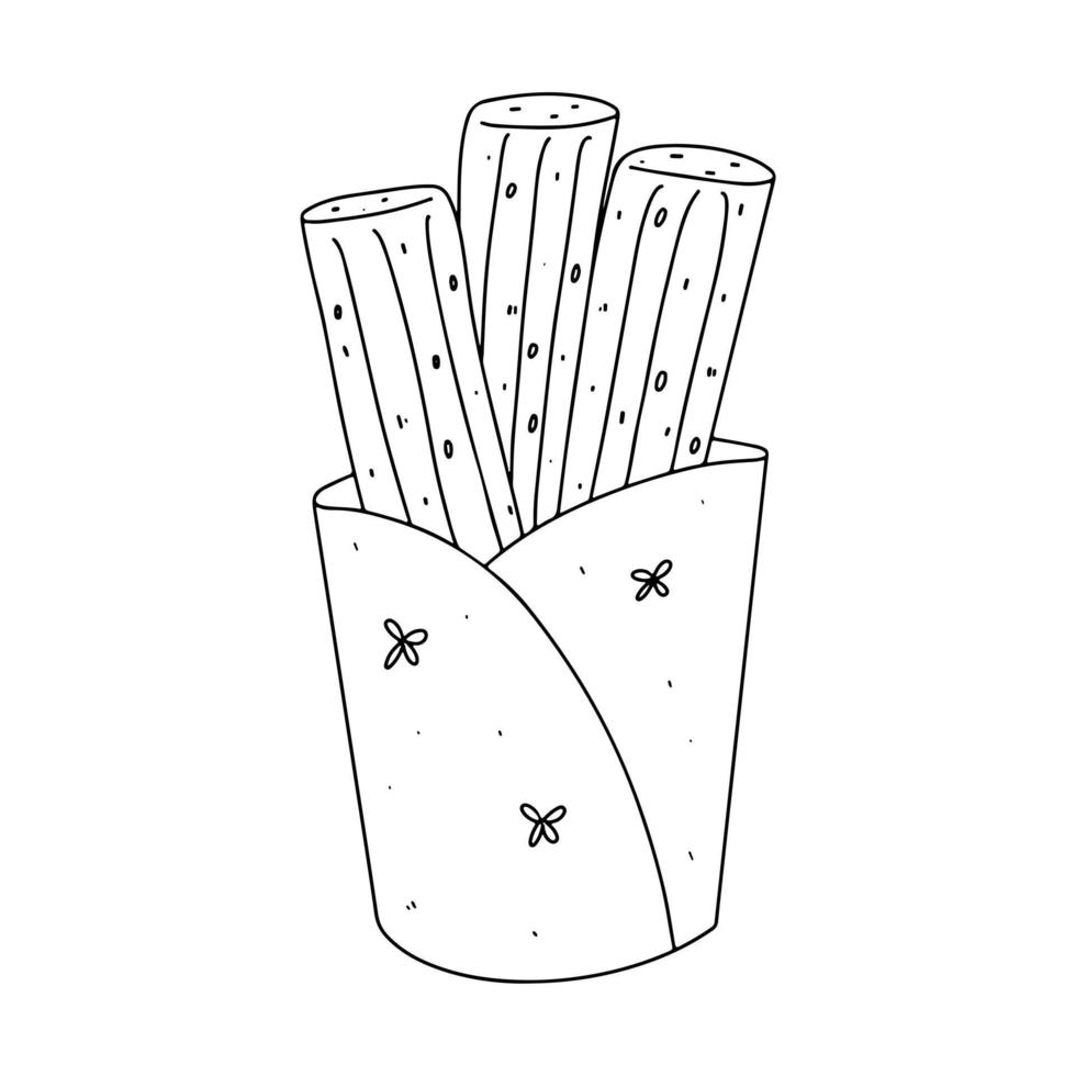 churros dans un style doodle dessiné à la main. collation mexicaine. illustration vectorielle. bâtonnets de churros dans un sac en papier. vecteur