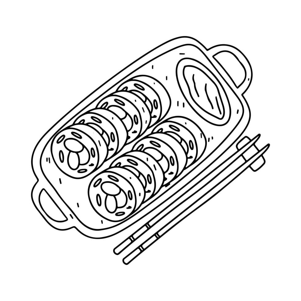 rouleaux de saumon et de concombre servis sur assiette dans un style doodle dessiné à la main. illustration vectorielle de nourriture japonaise traditionnelle. vecteur