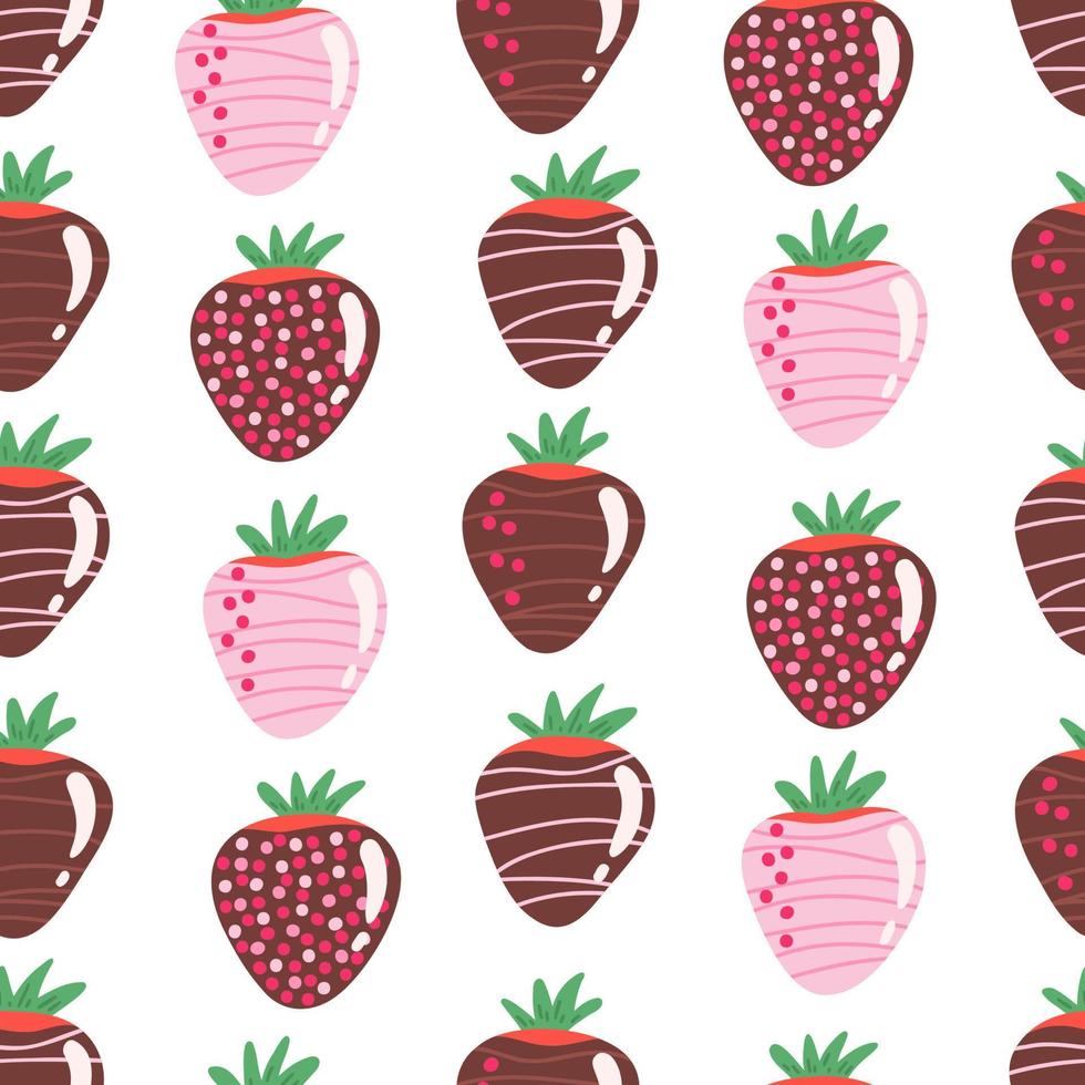 fraises en modèle sans couture de chocolat. illustration pour les arrière-plans, les couvertures et les emballages. l'image peut être utilisée pour la carte de voeux, l'affiche, l'autocollant et le textile. isolé sur fond blanc. vecteur