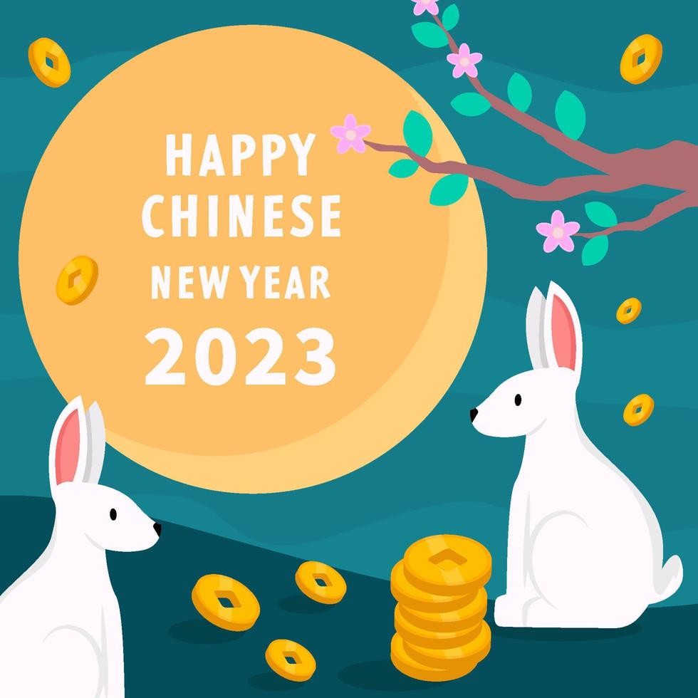 concept de conception de joyeux nouvel an chinois avec deux lapins, une lune, des pièces de monnaie et un arbre vecteur