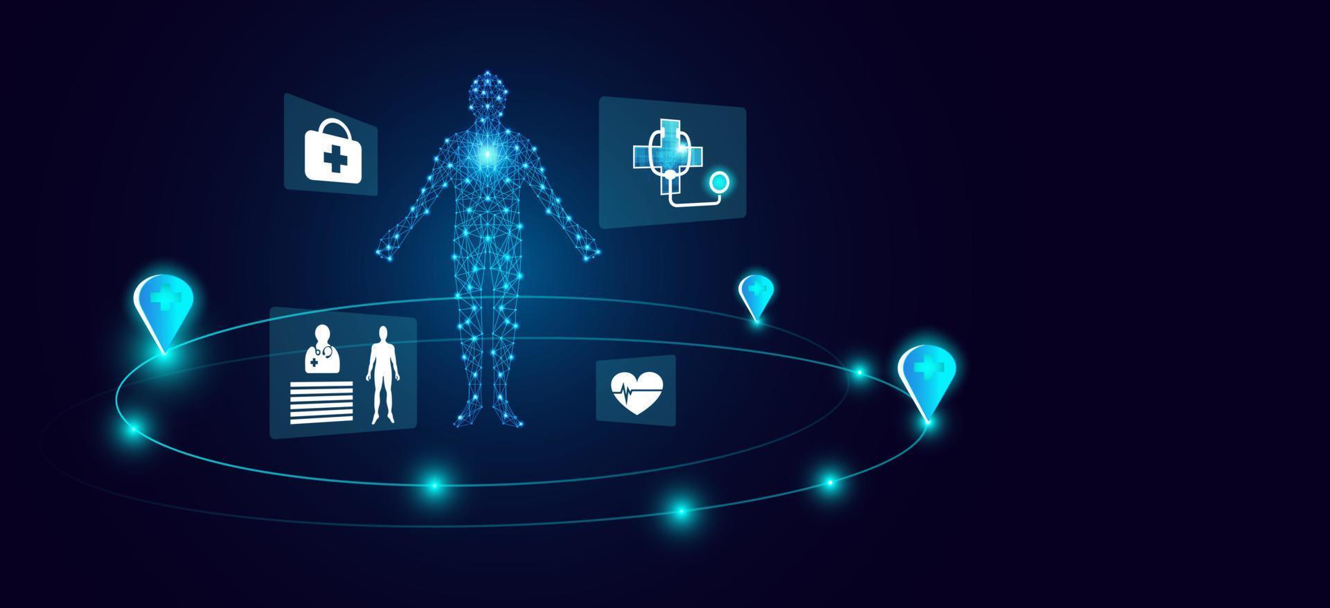 icône abstraite de l'homme et de la santé. médical, médical et de traitement. invention médicale moderne. sur un fond bleu moderne vecteur