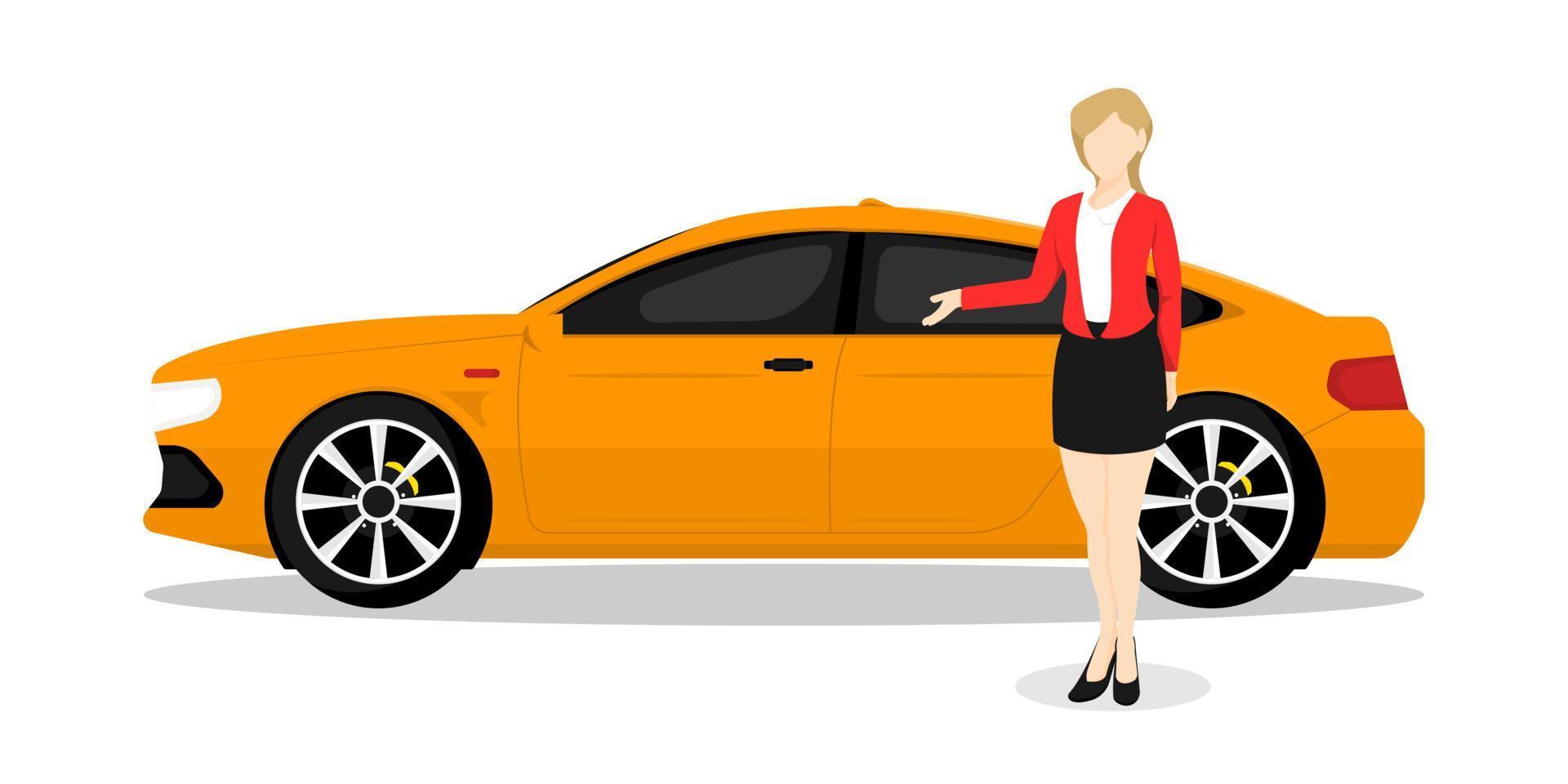 conception de femme d'affaires, courtier vendant une voiture personnelle sur fond isolé, illustration vectorielle. vecteur