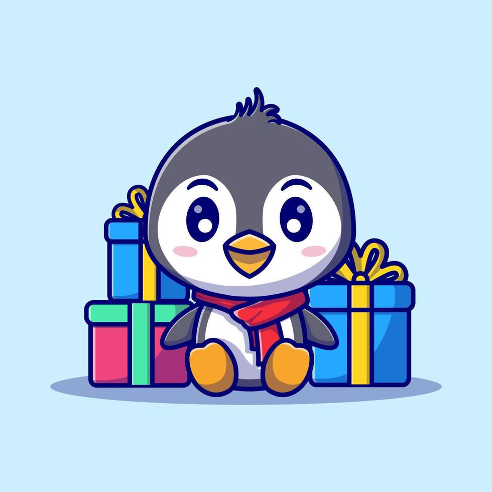 pingouin mignon et coffret cadeau noël, pour le nouvel an et pour l'illustration de dessin animé de noël. vecteur