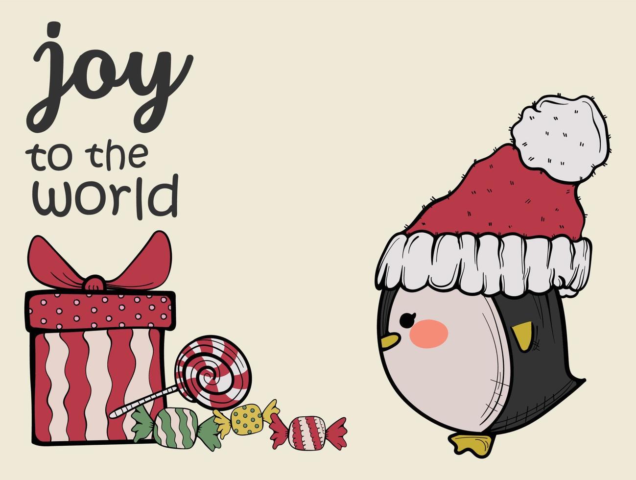texte de joie au monde avec un modèle de composition de carte de voeux de pingouin pour illustration de célébration vecteur
