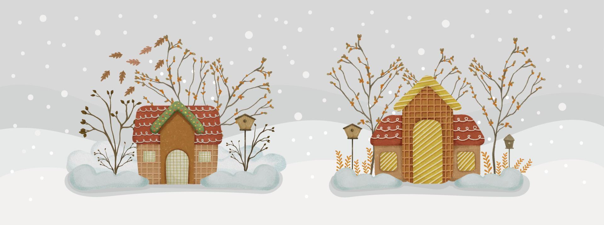 composition de maisons en pain d'épice aquarelle avec vue sur la montagne tout en neigeant modèle de bannière de noël 01 vecteur