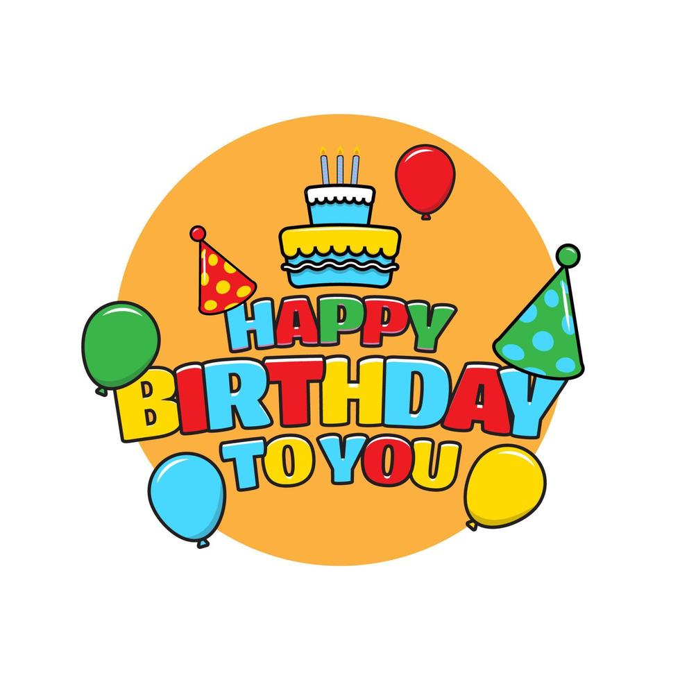 salutation colorée de joyeux anniversaire avec des ballons, un chapeau d'anniversaire et un gâteau. adapté aux enfants. illustration vectorielle vecteur