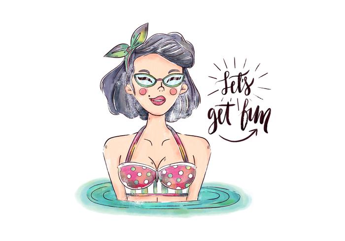 Aquarelle Pin Up Personnage Avec Maillots De bain Et Lunettes De Soleil Avec Citation Été vecteur