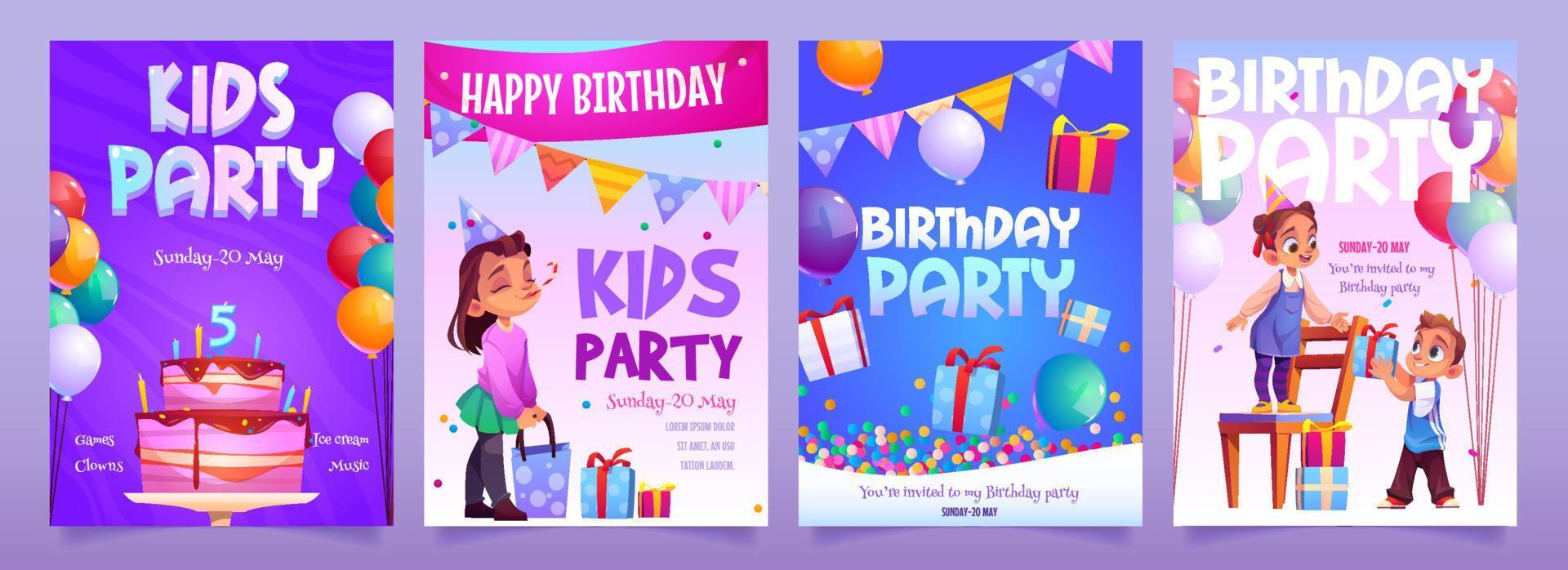 bannières de dessin animé d'invitation de fête d'anniversaire pour enfants vecteur