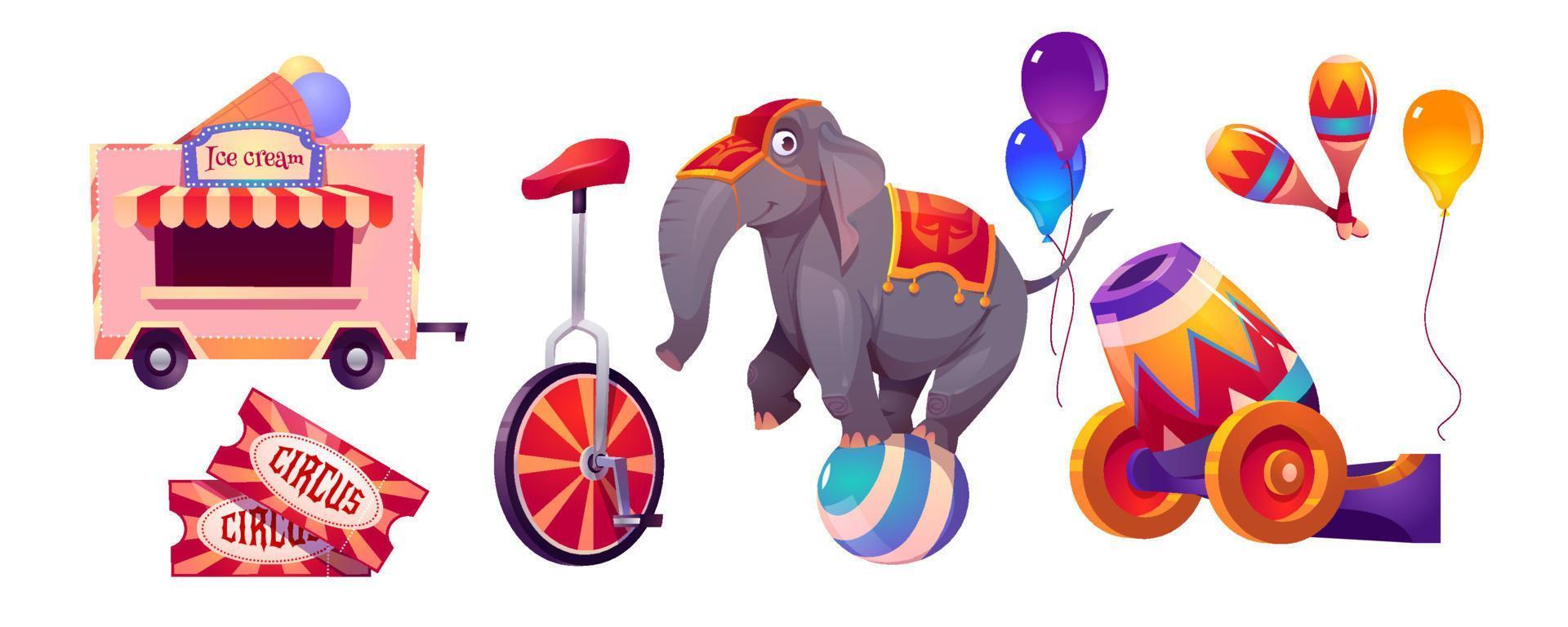 trucs de cirque et éléphant sur ballon, chapiteau vecteur