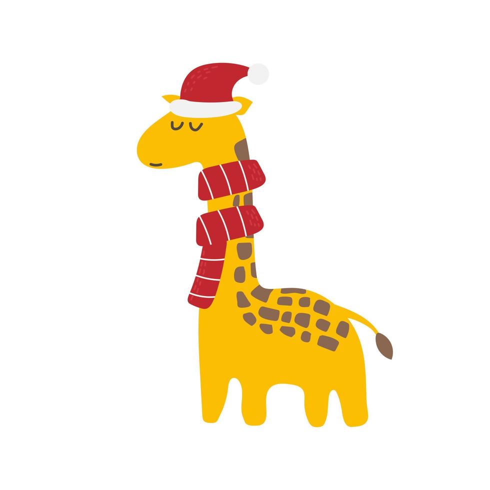 jolie girafe de noël en bonnet de noel, illustration de vecteur de dessin animé sur blanc. style moderne, élément pour la conception des enfants