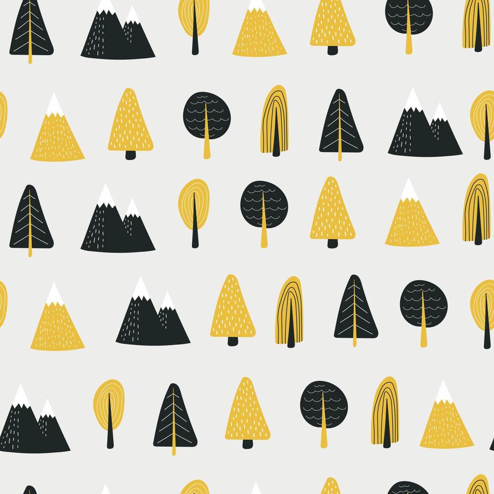 modèle sans couture de vecteur avec la forêt d'arbres doodle dessinés à la main et les montagnes pour l'emballage des boîtes-cadeaux, les textiles. couleurs noir, or, blanc.